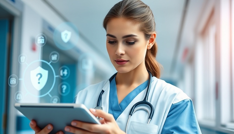 Healthcare professional interacting with cybersecurity icons on a tablet.