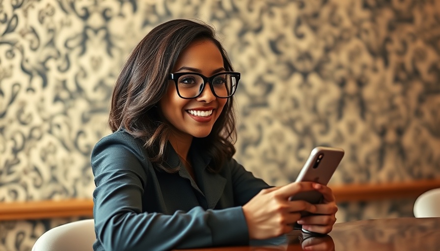 Smiling woman with glasses holding phone, decorative background.