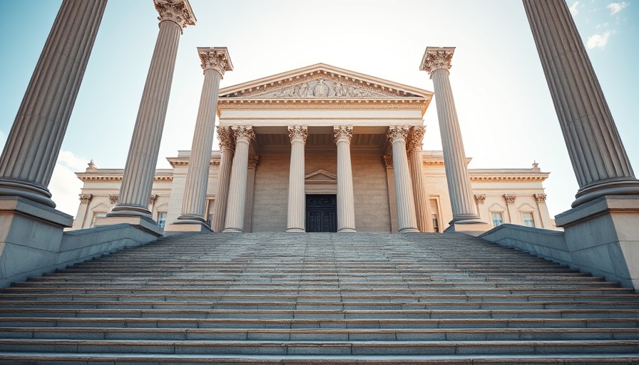 Neoclassical courthouse with columns symbolizes legal victory, NAR Wisconsin Three-way Agreement Victory.