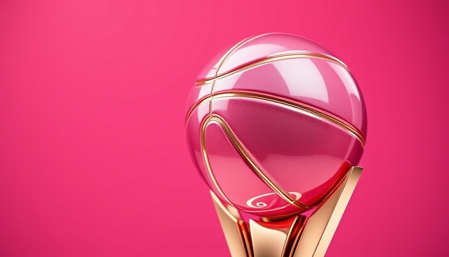 Glossy pink trophy next to Dribbble basketball, close-up.
