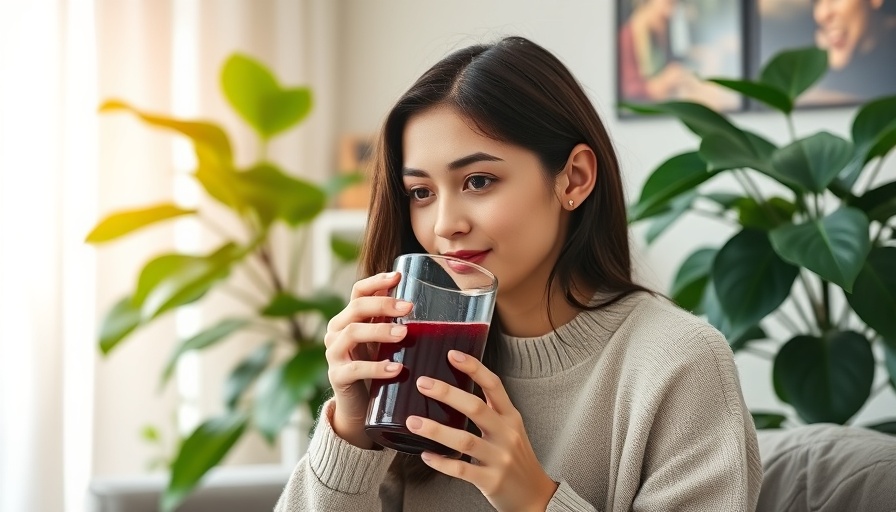 Young woman drinks tart cherry juice in cozy setting.
