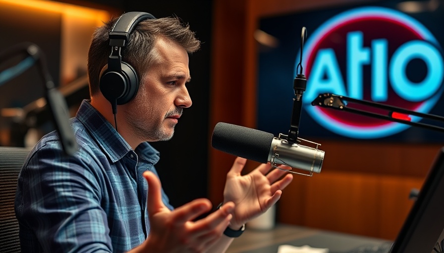 Radio host in studio during discussion on federal funding cuts to public media.