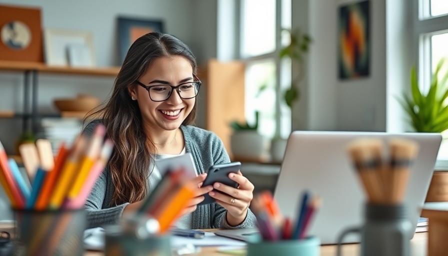 Woman checks Etsy starter checklist on phone in home office.
