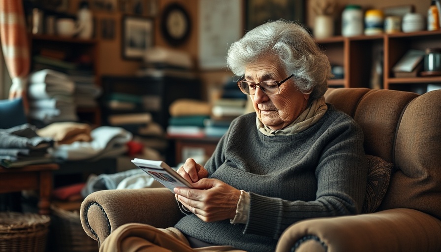 Woman in rural home reading medication bottle, telehealth accessibility.