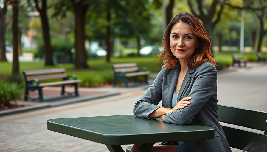 Woman sitting at a park table, relaxed in a natural setting.