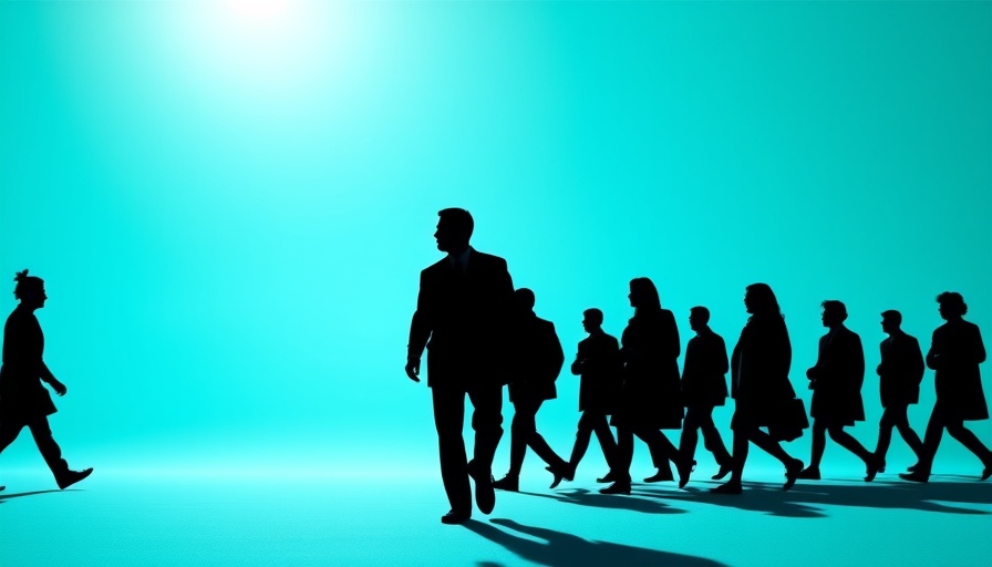 Silhouetted leader with followers on turquoise background exemplifies reasoned leadership.