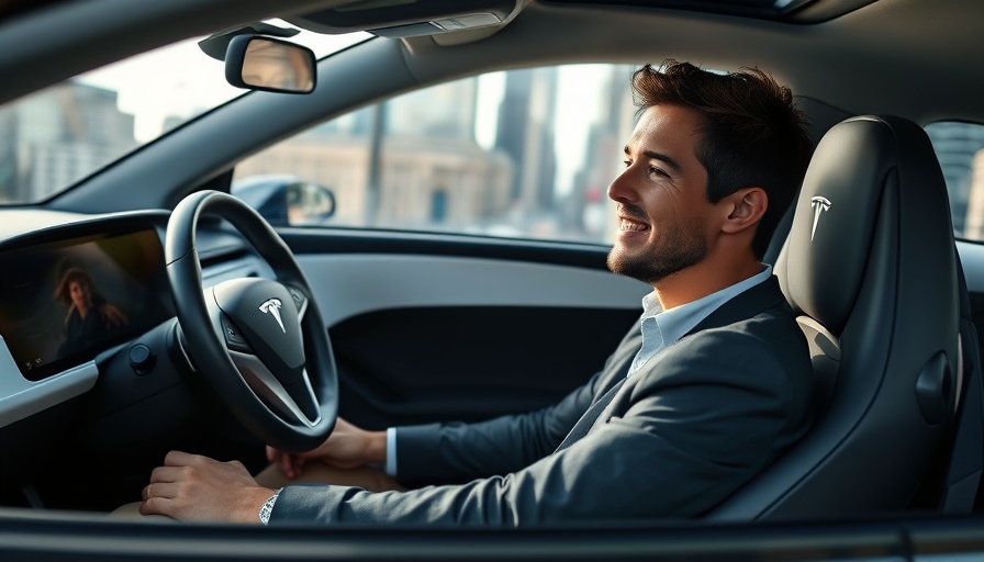 Tesla Robotaxi interior with confident passenger in a purple shirt.