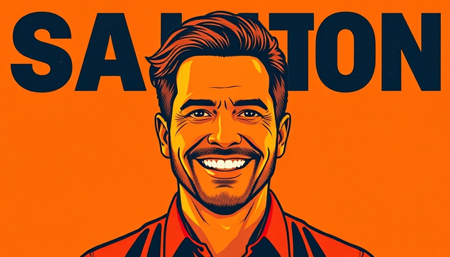 Designers need to be founders: Stylized portrait with bold text on orange background