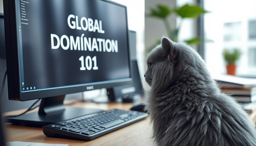 Fluffy gray cat watching computer screen titled 'Global Domination 101'.
