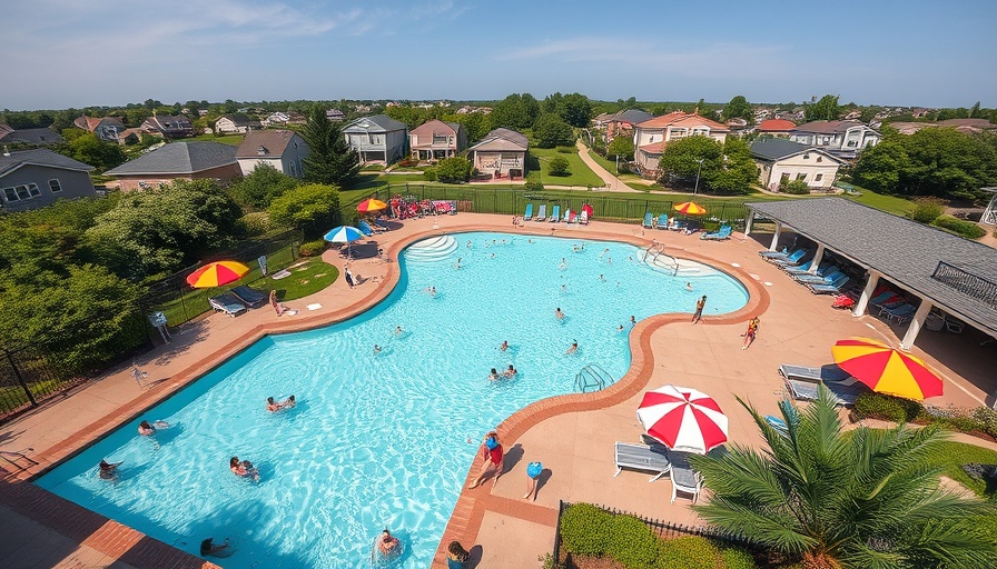 Aerial view of community pool in Austin's safest suburbs with families.