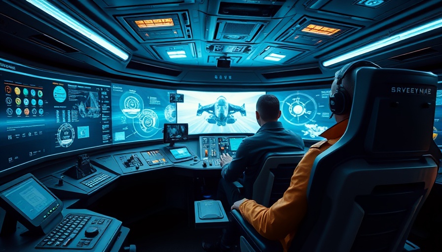 Modern control room for remote piloting of ships with advanced screens.
