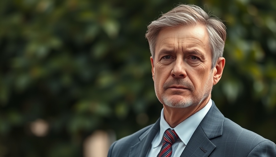 Middle-aged man in a suit standing outdoors with serious expression.