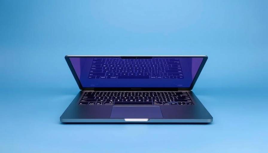 Refurbished 13-inch MacBook Pro with colorful display on blue background.