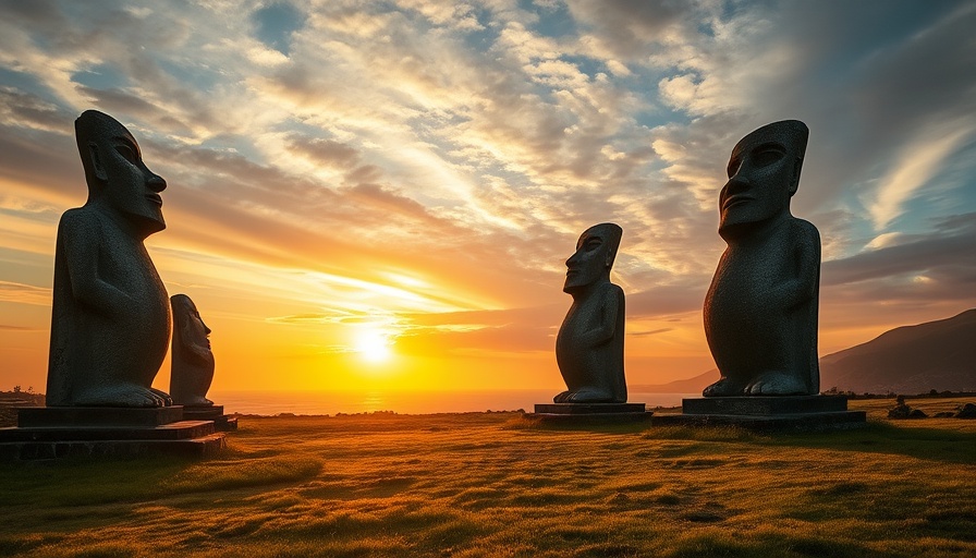 Dramatic sunset over ancient stone statues, believed to be built by aliens.