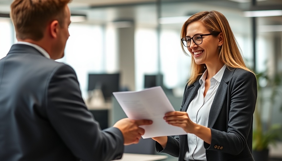 Woman in office demonstrating onboarding meaning, handing document to colleague.