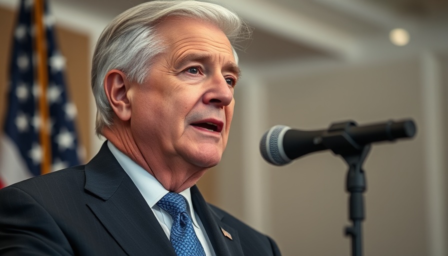 Older man confidently speaking into a microphone with a US flag backdrop, symbolizing Older Workers and AI discussion.