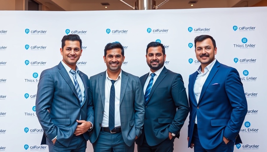 Four men posing in suits at a corporate event backdrop Graph CBN IMTO License.