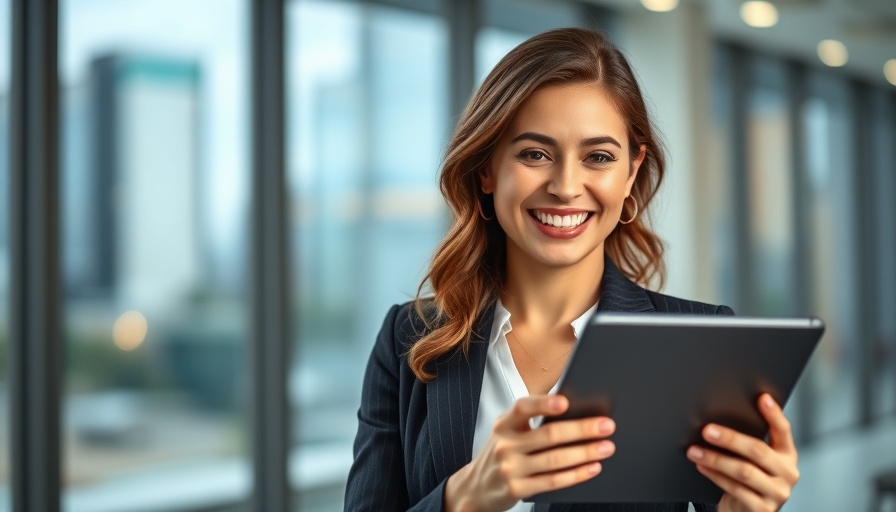 Cheerful businesswoman with tablet in modern office, RealScout Agent Image partnership.