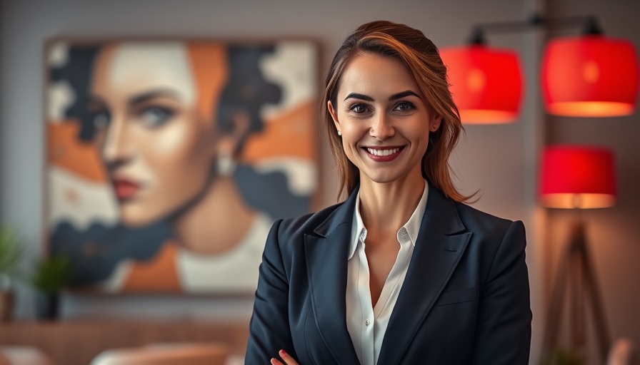 Resilient female entrepreneur smiling confidently in a modern office.