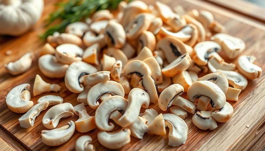 Close-up of sliced mushrooms on a cutting board, exploring if raw mushrooms are safe to eat.