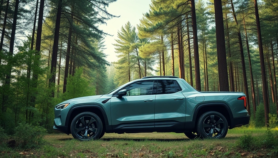 Futuristic Rivian electric truck in nature, highlighting fuel economy.