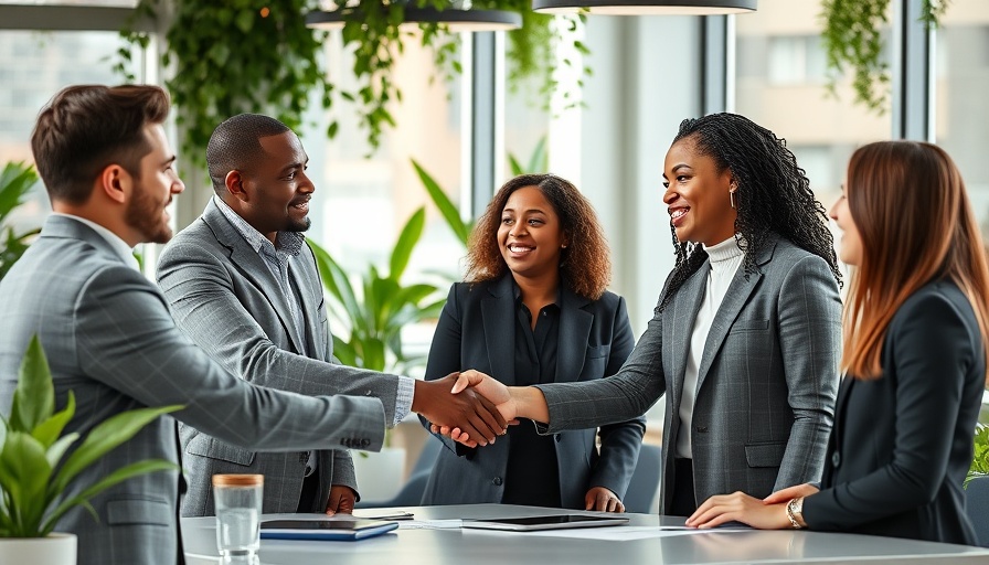 Business team handshake highlighting onboarding management importance.