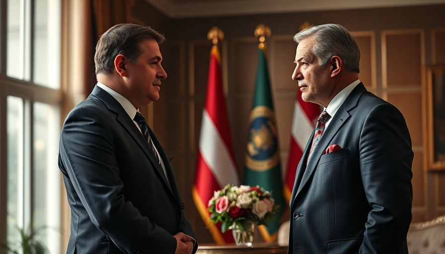Two men in conversation with American flag in background.