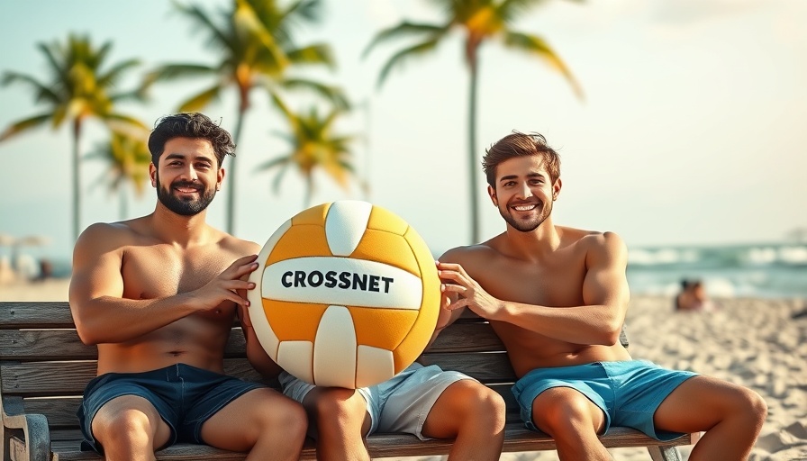 Young men holding CROSSNET set on beach bench, happy mood.