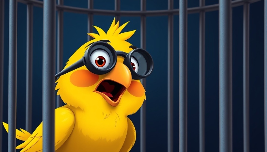 Surprised animated yellow bird in cage with binoculars; Looney Tunes streaming on Tubi scene.
