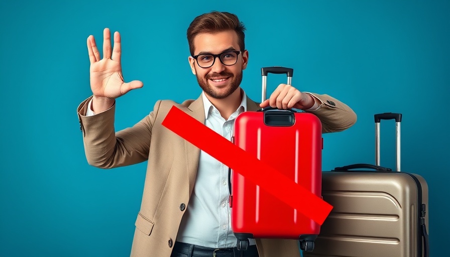 Popular carry-on bags airlines reject with dissatisfied man pointing.