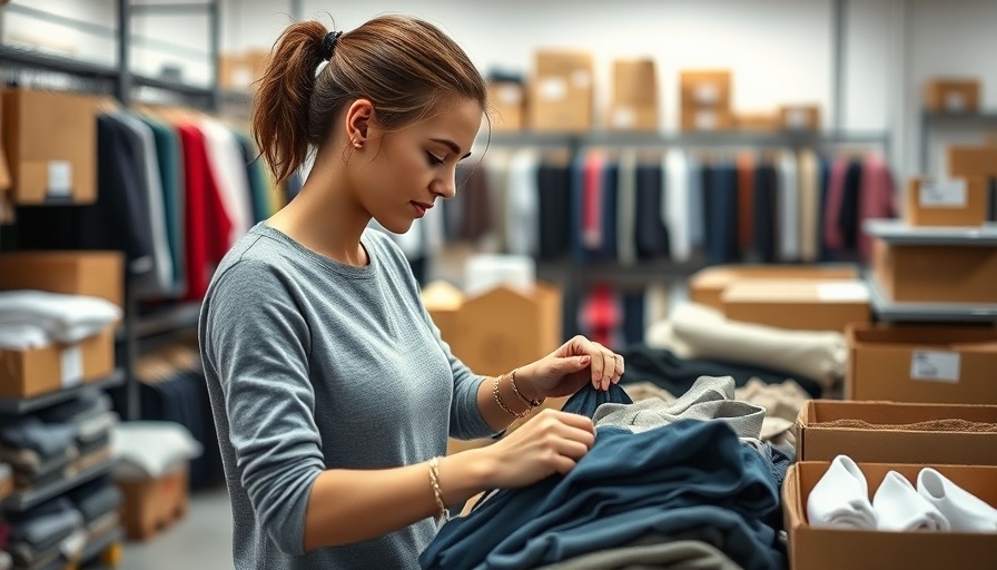 Young woman in fulfillment operations, organizing clothes, boxes around.