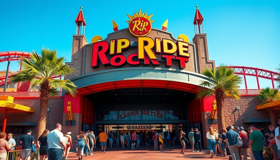 Entrance of Hollywood Rip Ride Rockit roller coaster with visitors.