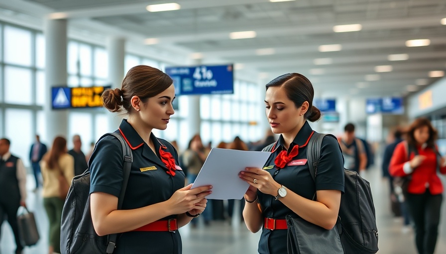 Air Canada flight attendants in discussion with passengers in terminal.