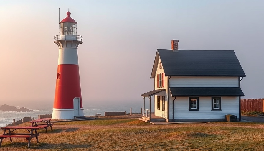 Maine DownEast natural attractions with lighthouse in fog.