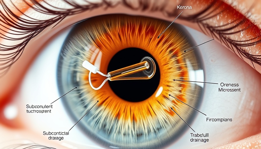 Illustration of a uniquely shaped microstent for glaucoma in an eye cross-section.