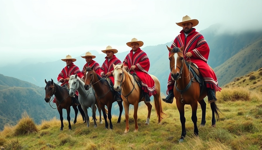 Andean cowboys on horses explore scenic grassy hills.