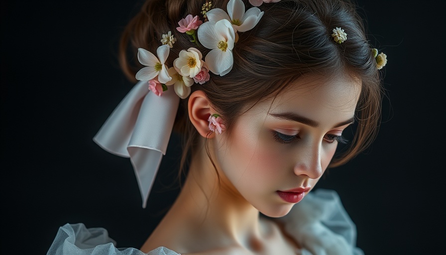 Intricate hairstyle with floral accent on woman.