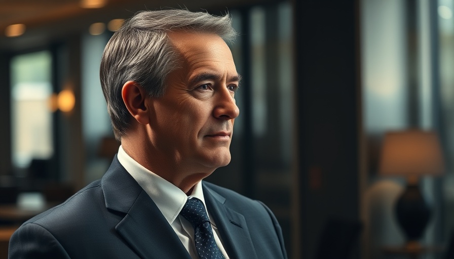 Mature businessman in profile, formal setting, ambient light.