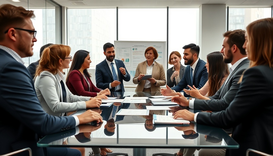 Diverse business team strategizing in a modern meeting room.