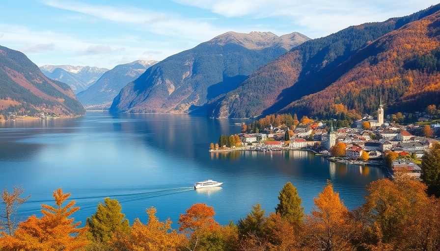 Ideal autumn weekend Lake Lucerne scenic view with village and boat.
