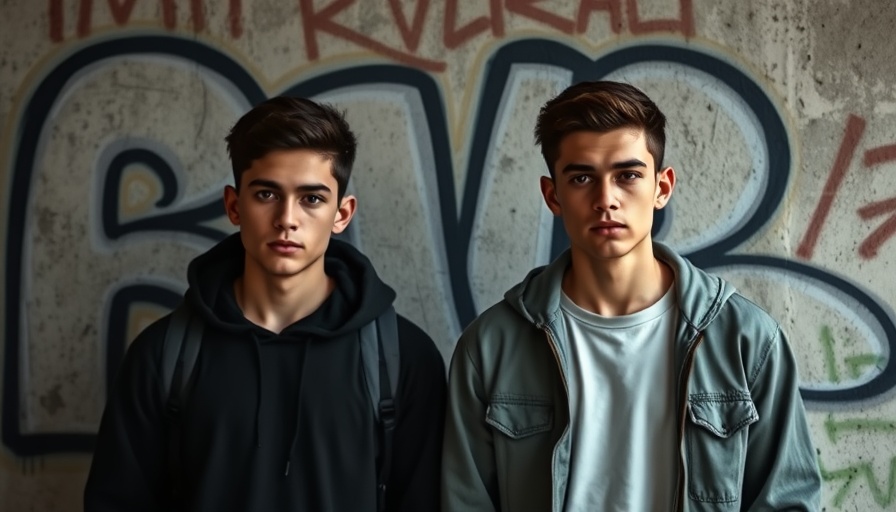 Casual urban fashion style displayed by two young men against graffiti wall.