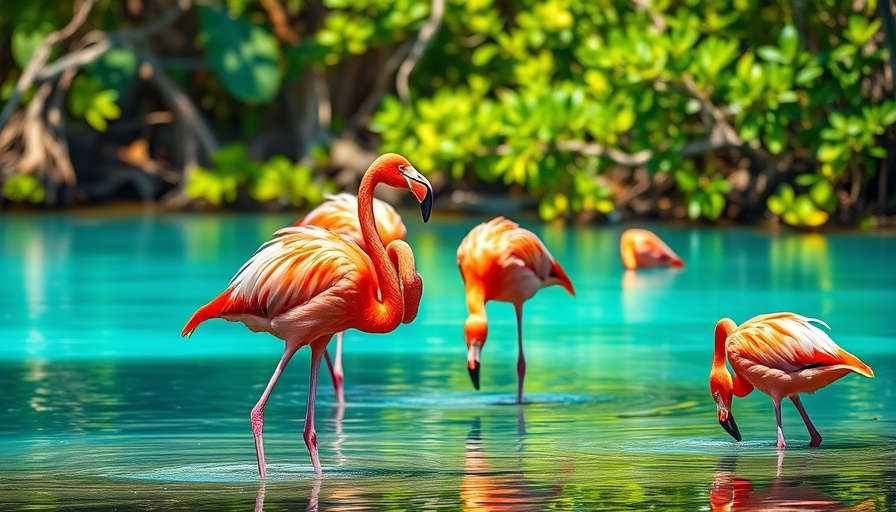Wildlife in the Caribbean: Flamingos by the water.