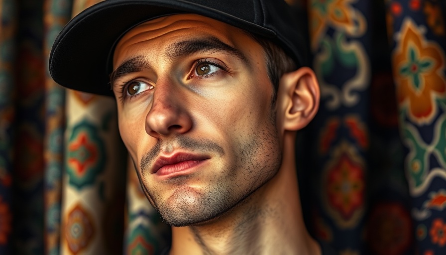 Close-up of man in cap, colorful background, thoughtful look.