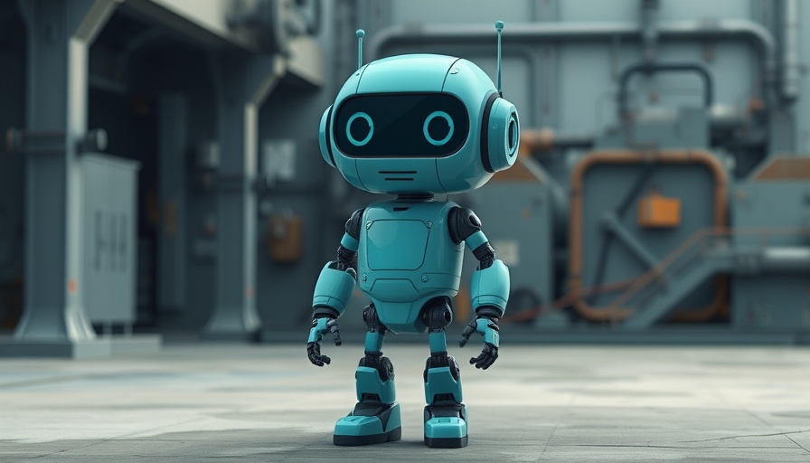 Cartoonish teal robot in an industrial backdrop.