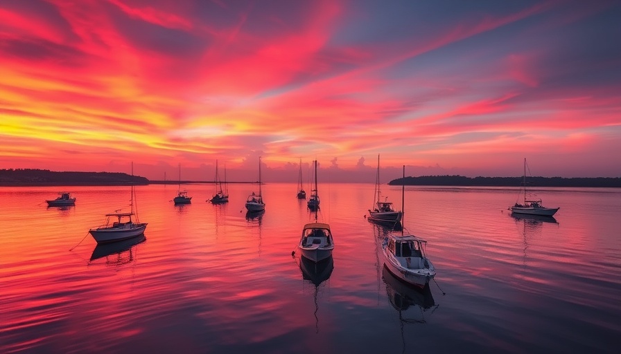 Calm waters with fishing boats at sunset in Maine's DownEast region.