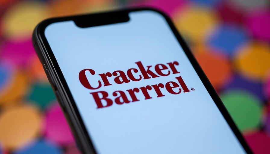 Cracker Barrel logo on smartphone screen, colorful blurred backdrop.