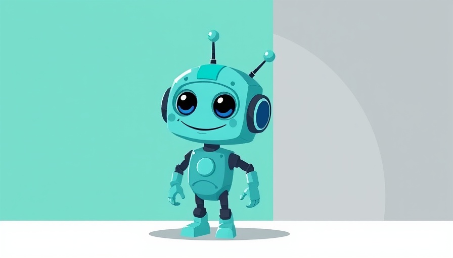 Cartoon robot in front of teal and grey abstract background.