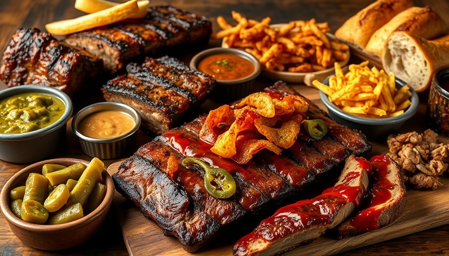Delicious spread from best Texas BBQ restaurants with ribs, pork, sauces.