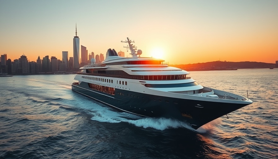 Cruise ship sailing at sunset near city skyline.