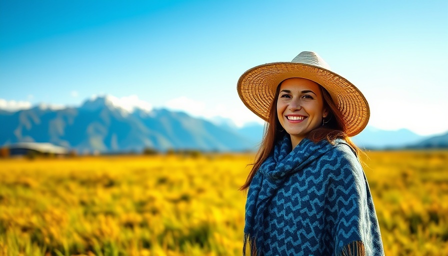 Woman in hat and shawl in grassy field with mountains.